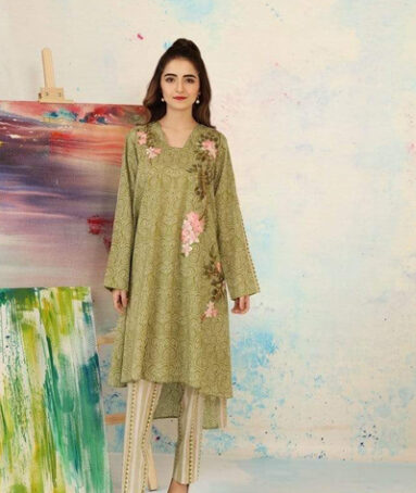 Embroidered Linen Dress With Printed Wool Shawl