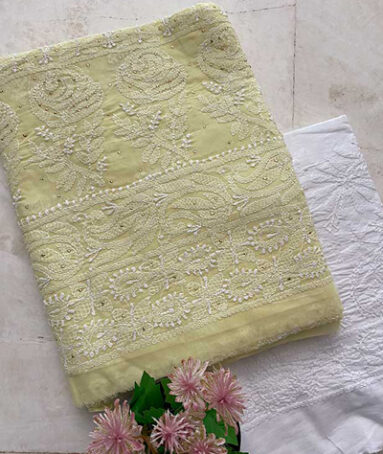 Lemon Yellow Swiss Voile Chikankari Shirt Piece Embellished with Mukesh