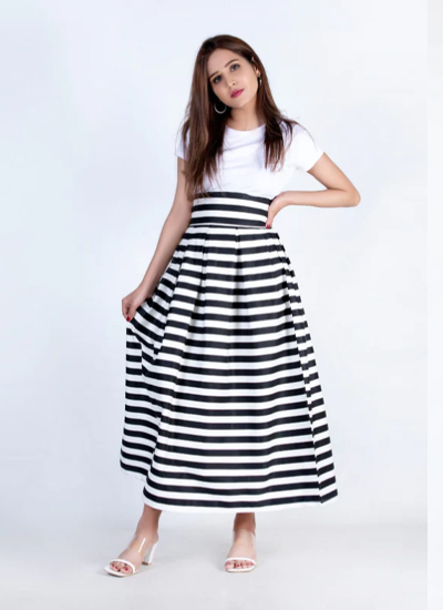 Pleated Skirt - Black & White Striped