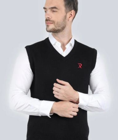 Black Sleeveless V Neck Rib Sweater for Men