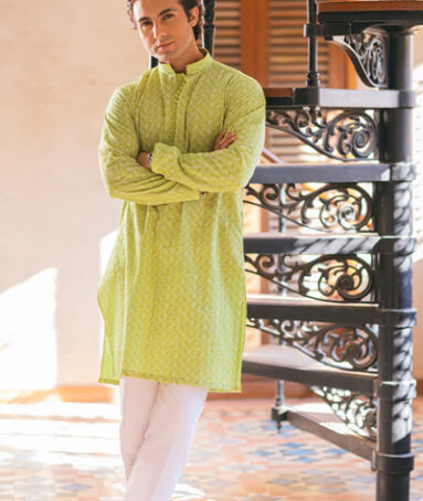 Green Chikan Cotton Suit For Men