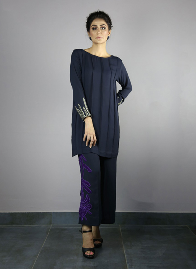 Navy Blue Pintex Top With Sleeves