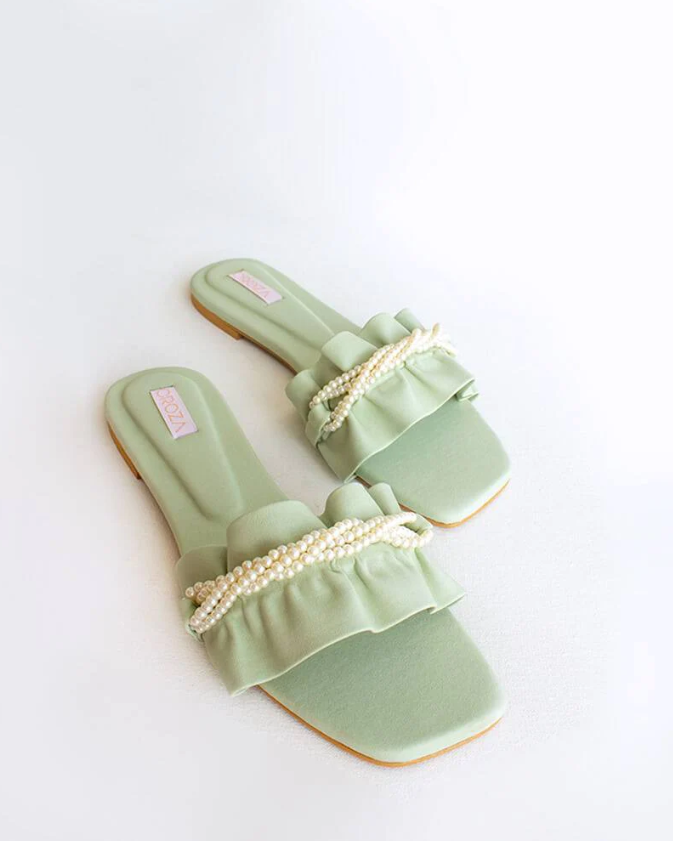 Mint Green Ruffled Pearl Flats