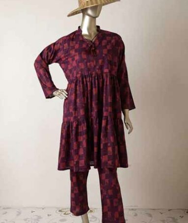 2Pc Cambric Frock With Printed Trouser