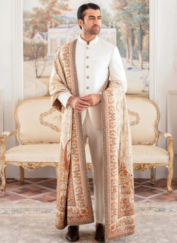 An Ivory Silk Jamawar Prince Coat
