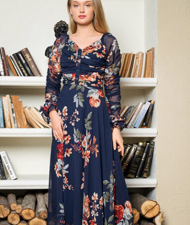 Blue Chiffon Printed Long Maxi Dress