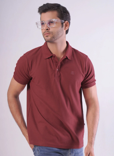Maroon Textured Half Sleeves Polo T-Shirt